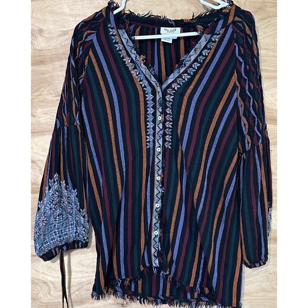 Tru Luxe Women’s Small Embroidered Top Multicolor Boho V-Neck Tunic